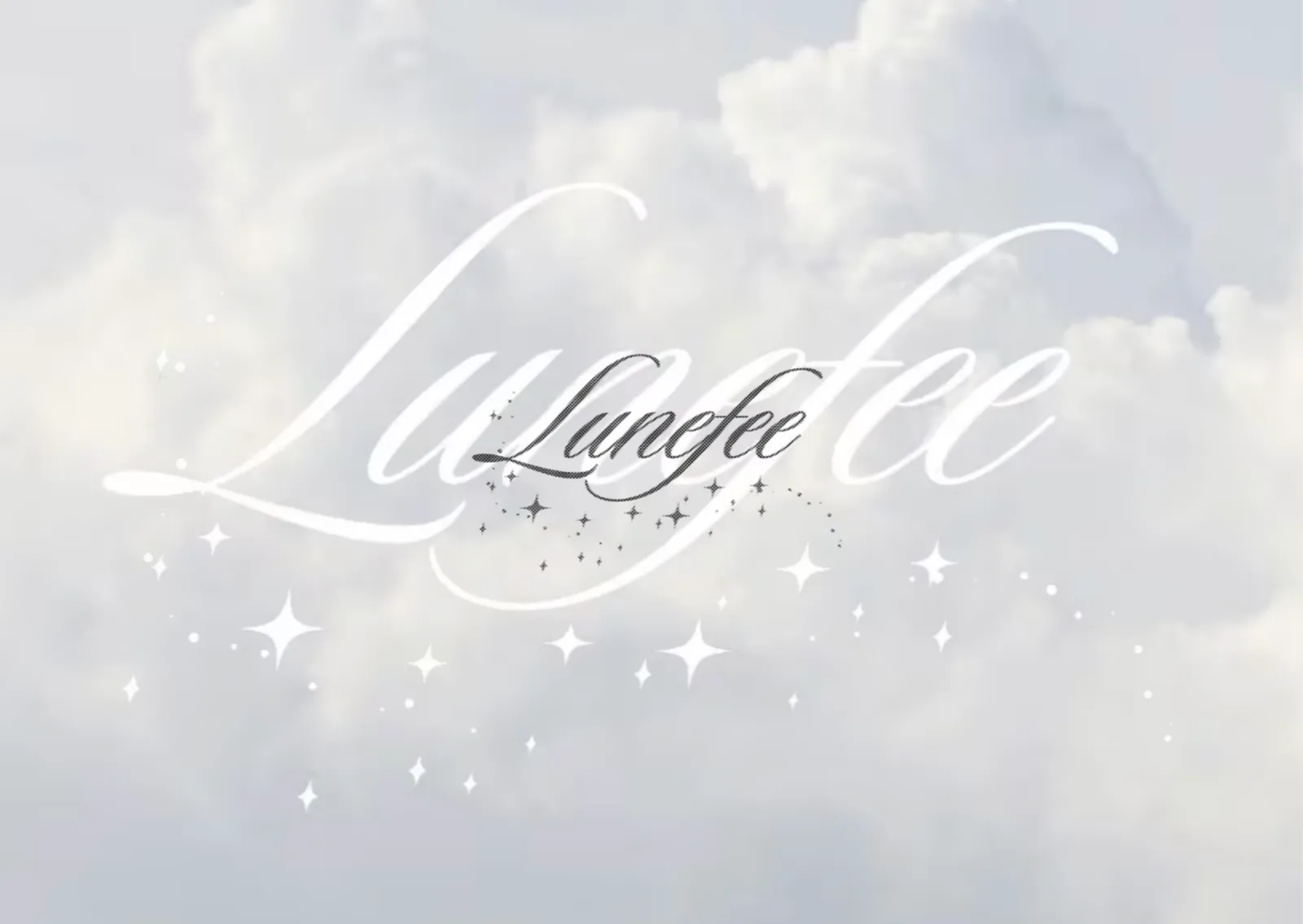 The Lunefee script logo floating over soft white clouds, scattered with stardust