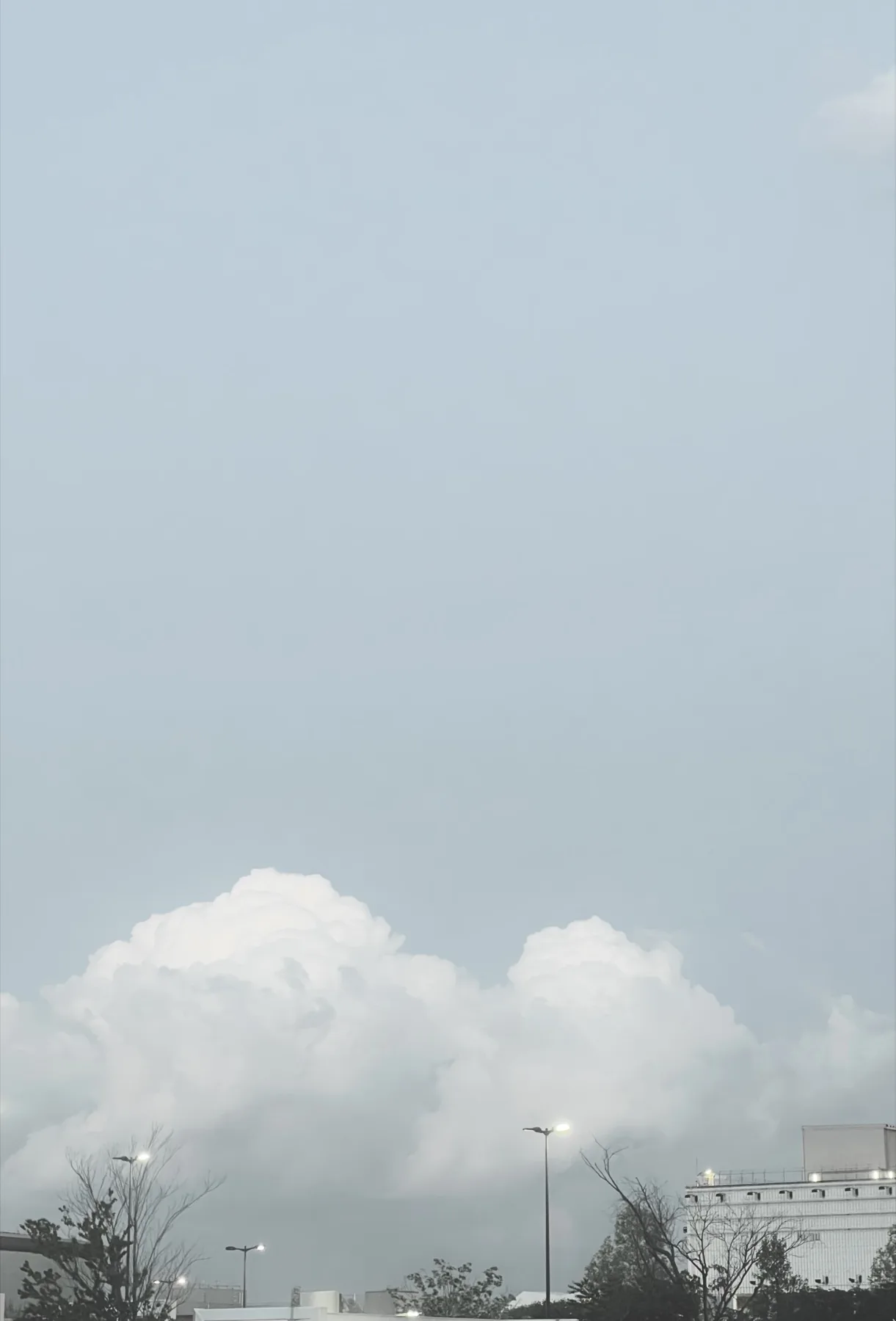 A pale evening sky with tall white clouds rising on the horizon